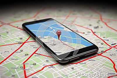 Map with red pointers marking a route on a smartphone screen Stock Photo