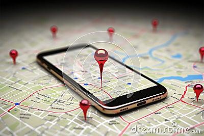 Map with red pointers marking a route on a smartphone screen Stock Photo