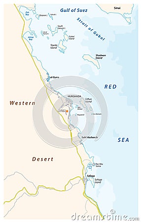 Map of the region around the Egyptian coastal city of Hurghada on the Red Sea Vector Illustration