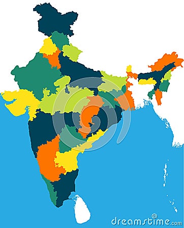 Map of the Republic of India with the states colored vector in bright colors Vector Illustration