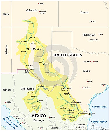 Map of the Rio Grande, Rio Bravo Drainage Basin, Mexico, United States Vector Illustration