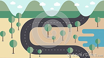 Map road cross the mountains,forest and lake Vector Illustration