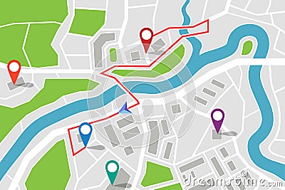 Map with route and gps pointers Vector Illustration