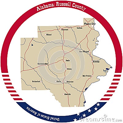 Map of Russell county in Alabama, USA. Vector Illustration