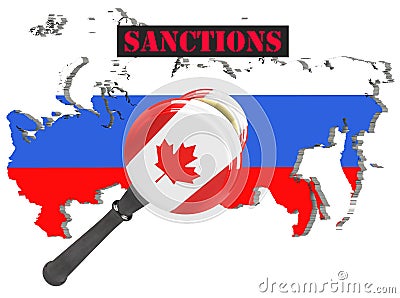 Map of Russia. Canada sanctions against Russia. Judge hammer Canada, flag and emblem. 3d illustration. Isolated on white backgroun Cartoon Illustration