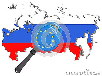 Map of Russia. European Union sanctions against Russia. Judge hammer European Union, flag and emblem. 3d illustration. on Cartoon Illustration