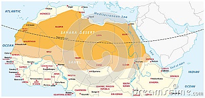 Map of the Sahara desert and Sahel zone Vector Illustration