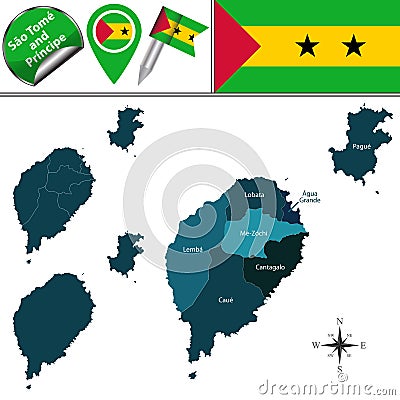 Map of Sao Tome and Principe with Named Districts Vector Illustration