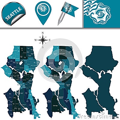 Map of Seattle with Districts Vector Illustration