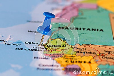 Map of Senegal with a blue pushpin stuck Stock Photo