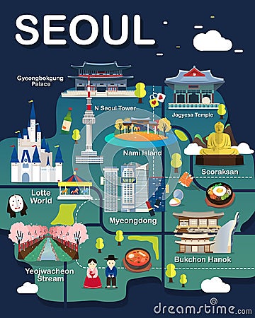 Map Of Seoul Attractions Vector And Illustration. Stock Photo