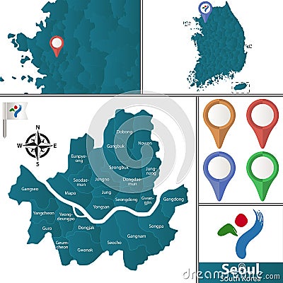 Map of Seoul with Districts Vector Illustration