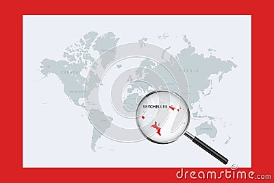 Map of Seychelles on political world map with magnifying glass Vector Illustration