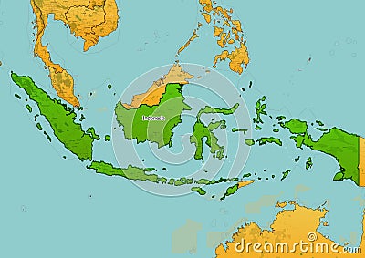 Indonesia map showing country highlighted in green color with rest of Asian countries in brown Stock Photo