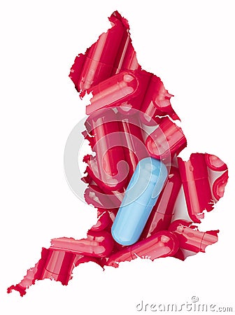 Map Silhouette United Kingdom in white, medication and capsules Stock Photo