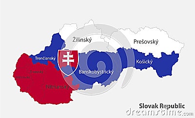 Map of the Slovak Republic in the colors of the flag Slovakia with administrative divisions Vector Illustration