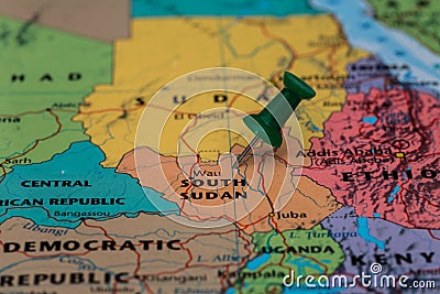 Map of South Sudan with a green pushpin stuck Stock Photo