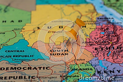 Map of South Sudan with a orange pushpin stuck Stock Photo