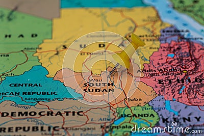 Map of South Sudan with a yellow pushpin stuck Stock Photo