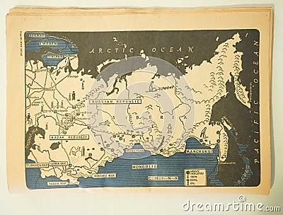 Map of the Soviet Union Showing Iron, Coal, Oil and Heavy Industry Assets in 1943 Editorial Stock Photo