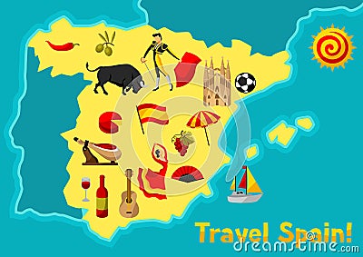 Map of Spain background design. Spanish traditional symbols and objects Vector Illustration