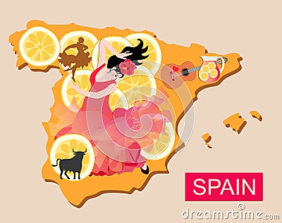 Map of Spain with beautiful girl - flamenco dancer, and pieces of lemon with various national symbols Vector Illustration