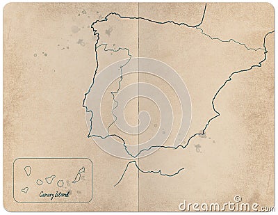 Map of Spain drawn by hand on aged, stained and damaged notebook background Stock Photo