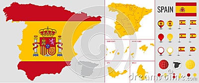 Map of Spain and islands in the colors of the country flag, with icons, flags, globe on a white background, vector illustration Vector Illustration