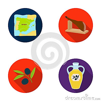 Map of Spain, jamon national dish, olives on a branch, olive oil in a bottle. Spain country set collection icons in flat Vector Illustration