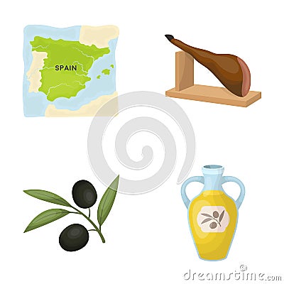 Map of Spain, jamon national dish, olives on a branch, olive oil in a bottle. Spain country set collection icons in Vector Illustration