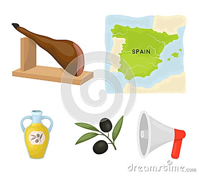 Map of Spain, jamon national dish, olives on a branch, olive oil in a bottle. Spain country set collection icons in Vector Illustration