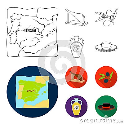 Map of Spain, jamon national dish, olives on a branch, olive oil in a bottle. Spain country set collection icons in Vector Illustration
