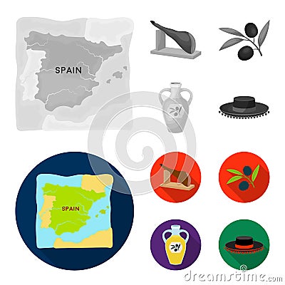 Map of Spain, jamon national dish, olives on a branch, olive oil in a bottle. Spain country set collection icons in Vector Illustration