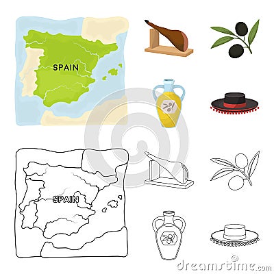 Map of Spain, jamon national dish, olives on a branch, olive oil in a bottle. Spain country set collection icons in Vector Illustration