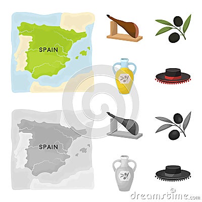 Map of Spain, jamon national dish, olives on a branch, olive oil in a bottle. Spain country set collection icons in Vector Illustration