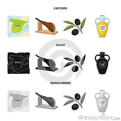 Map of Spain, jamon national dish, olives on a branch, olive oil in a bottle. Spain country set collection icons in Vector Illustration