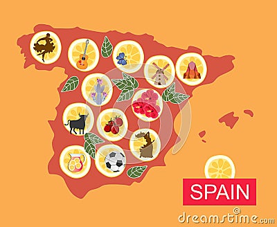 Map of Spain with various national symbols on pieces of lemon Vector Illustration
