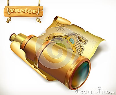 Map and spyglass. 3d vector icon Vector Illustration