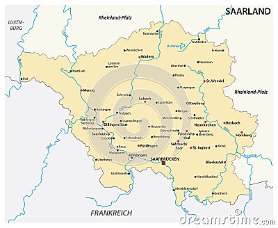 Map of the state of Saarland with the most important cities in german language Vector Illustration
