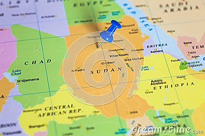 Map of Sudan with a pushpin stuck Stock Photo