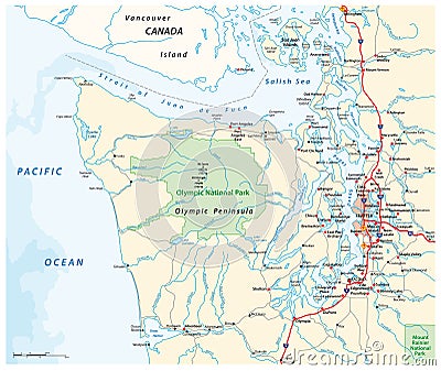 Map surrounding Olympic Peninsula and Greater Seattle, Washington, United States Vector Illustration