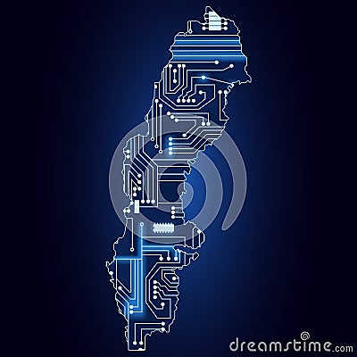 Map of Sweden with electronic circuit Vector Illustration