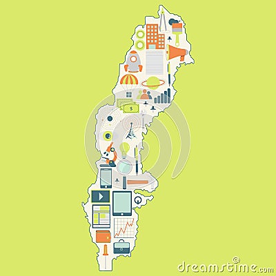 Map of Sweden with technology icons Vector Illustration