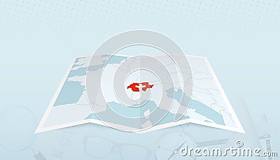 Map of Switzerland with the flag of Switzerland in the contour of the map on a trip abstract backdrop Vector Illustration