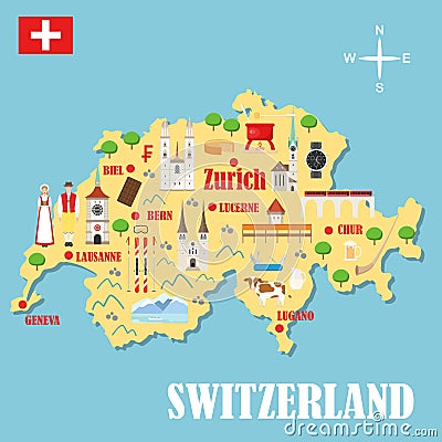 Map of Switzerland with landmarks Vector Illustration