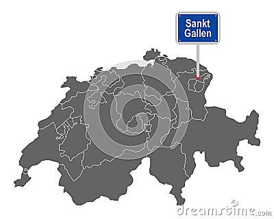 Map of Switzerland with road sign of Sankt Gallen Vector Illustration