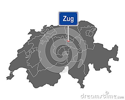 Map of Switzerland with road sign of Zug Vector Illustration