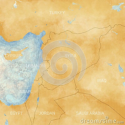 Map of Syria and borders, physical map Middle East, Arabian Peninsula, map with reliefs and mountains and Mediterranean Sea Stock Photo