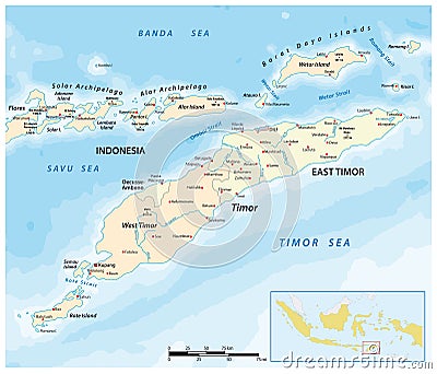 Map of Timor Island, East Timor and Indonesia Vector Illustration