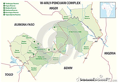 Map of Transboundary Conservation Area W Arly Pendjari, Benin, Niger, Burkina Faso Vector Illustration